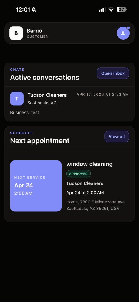 Barrio customer app home screen (dark)