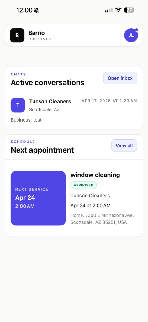 Barrio customer app home screen (light)